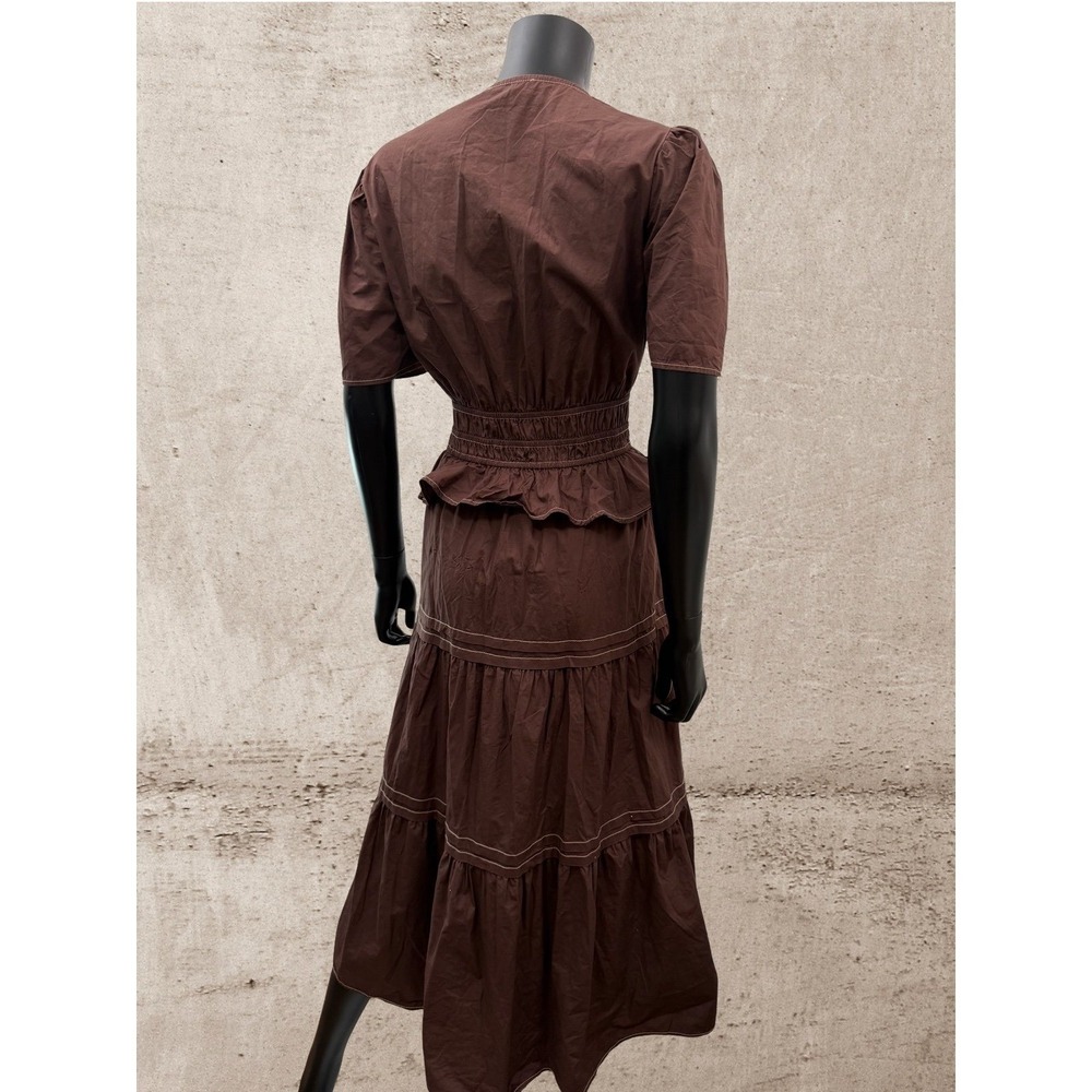 THML Brown Cotton Tiered Midi Dress Puff Sleeve Smocked Waist Boho Size M - Picture 4 of 9
